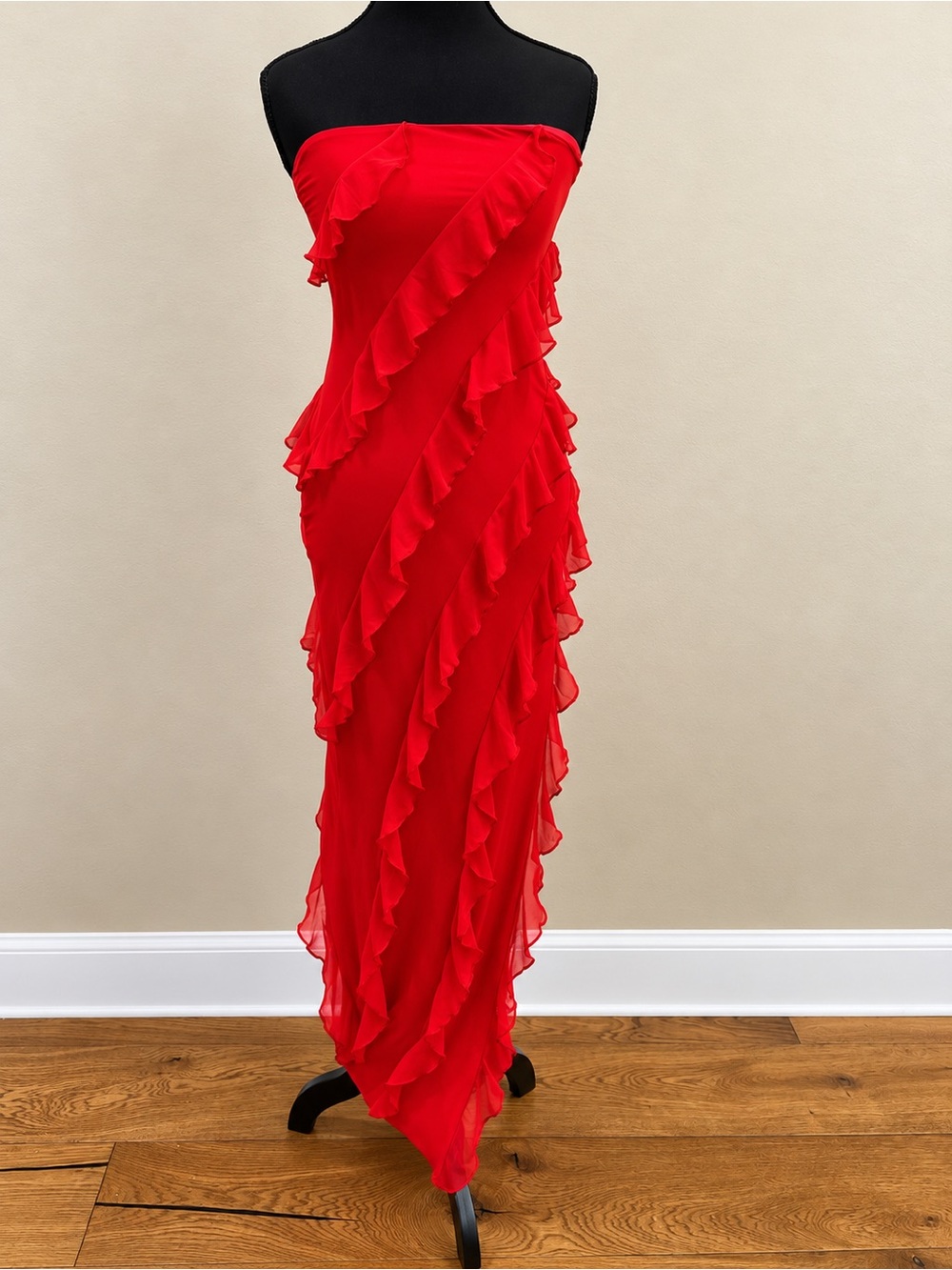 Oh Polly Strapless Red Ruffle Column Gown